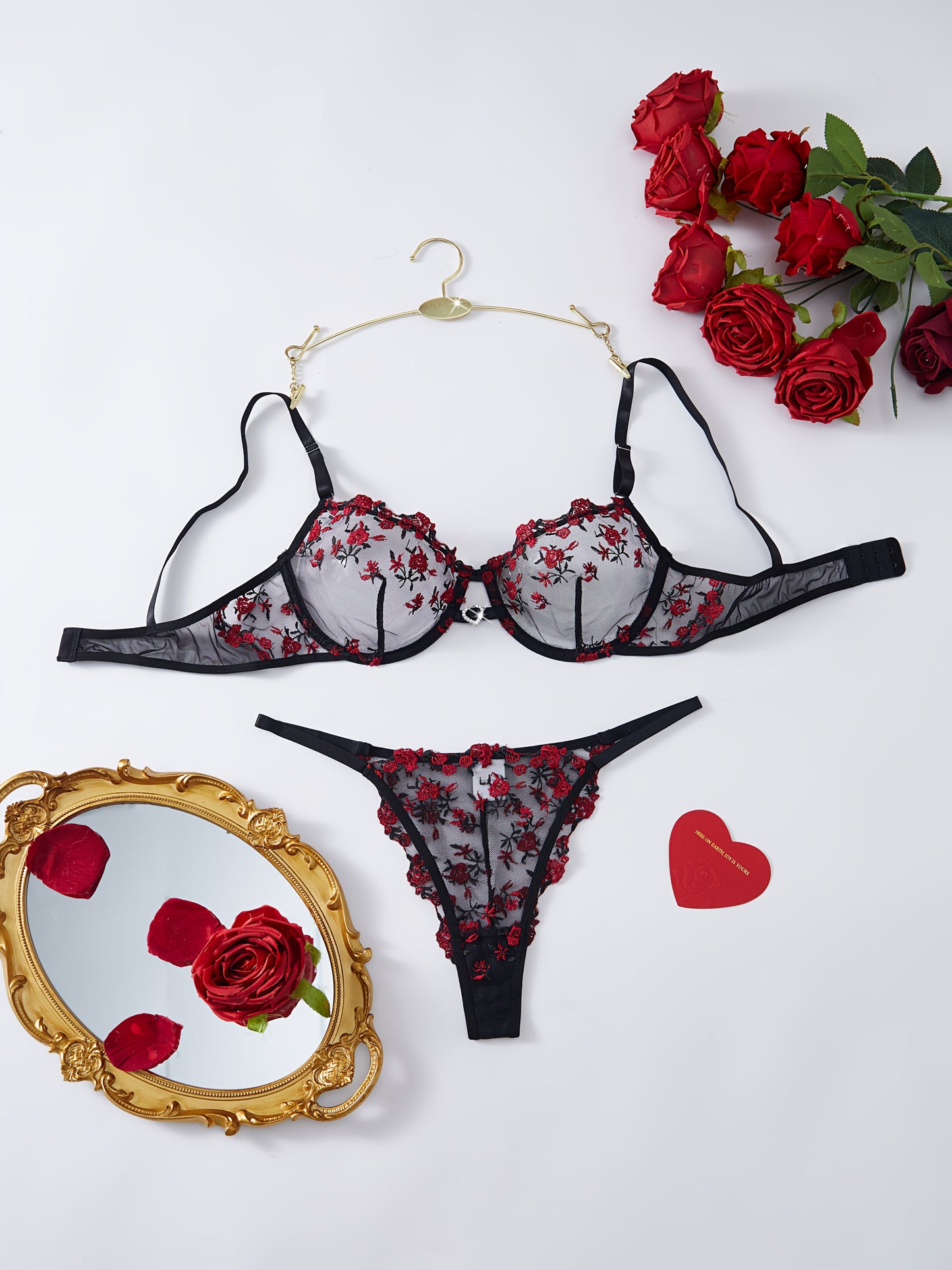Women's Bra and Panty Lingerie Set - Floral Lace Coordinated – Black Red – view 10