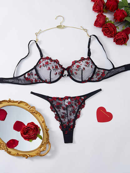 Women's Bra and Panty Lingerie Set - Floral Lace Coordinated – Black Red – view 15