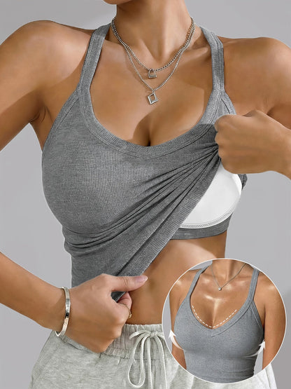 Women's Built-In Bra Tank Top - Ribbed I-Back Support detail view