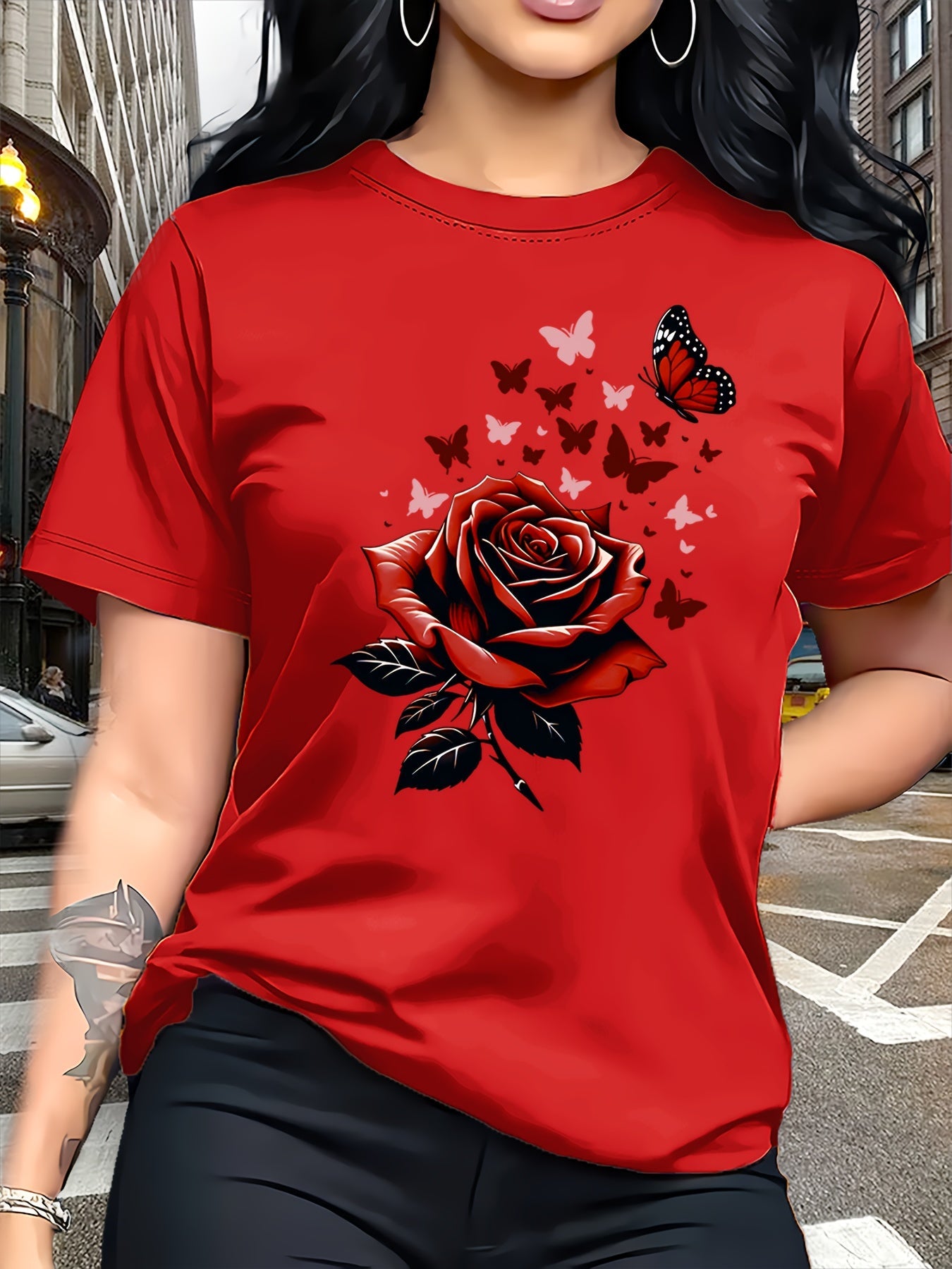Women's Butterfly Graphic T-Shirt - Crew Neck Short Sleeve detail view