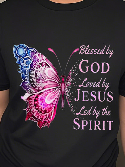 Women's Butterfly Graphic T-Shirt - Round Neck Short Sleeve – Black detail view