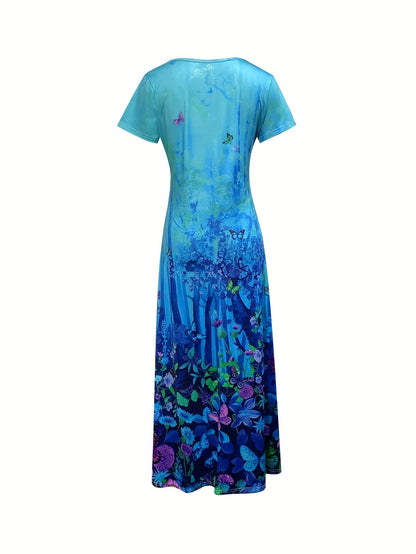 Women's Butterfly Print Dress – Blue Short Sleeve Style detail view