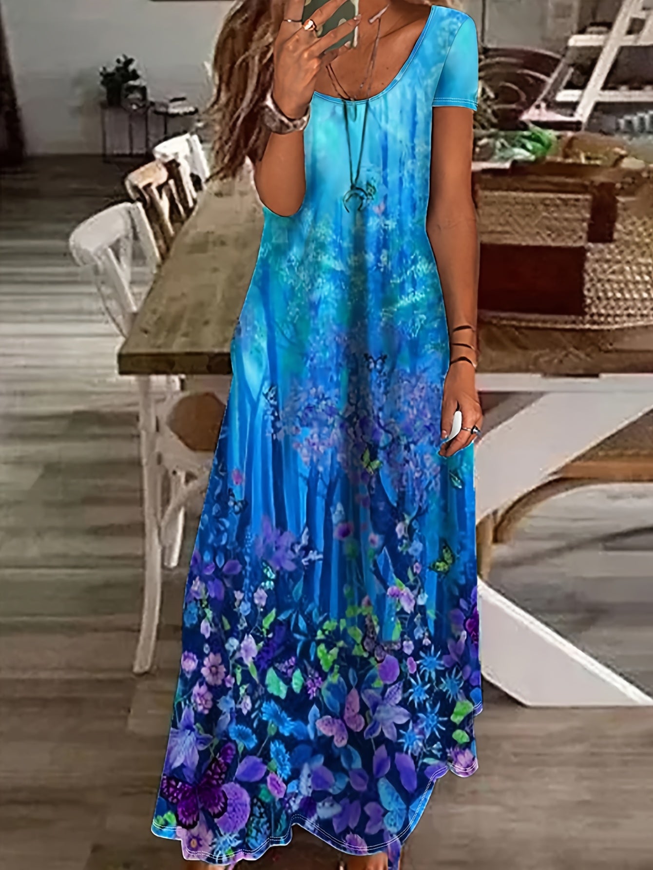 Women's Butterfly Print Dress – Blue Short Sleeve Style detail view
