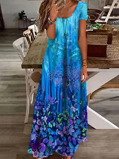 Women's Butterfly Print Dress – Blue Short Sleeve Style detail view