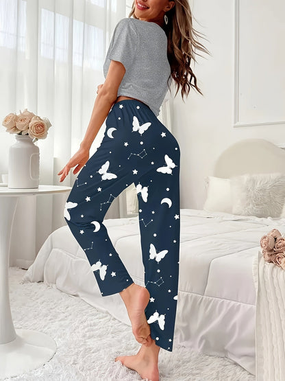 Women's Butterfly Print Pajama Set - Short Sleeve Top & Elastic Pants – view 7