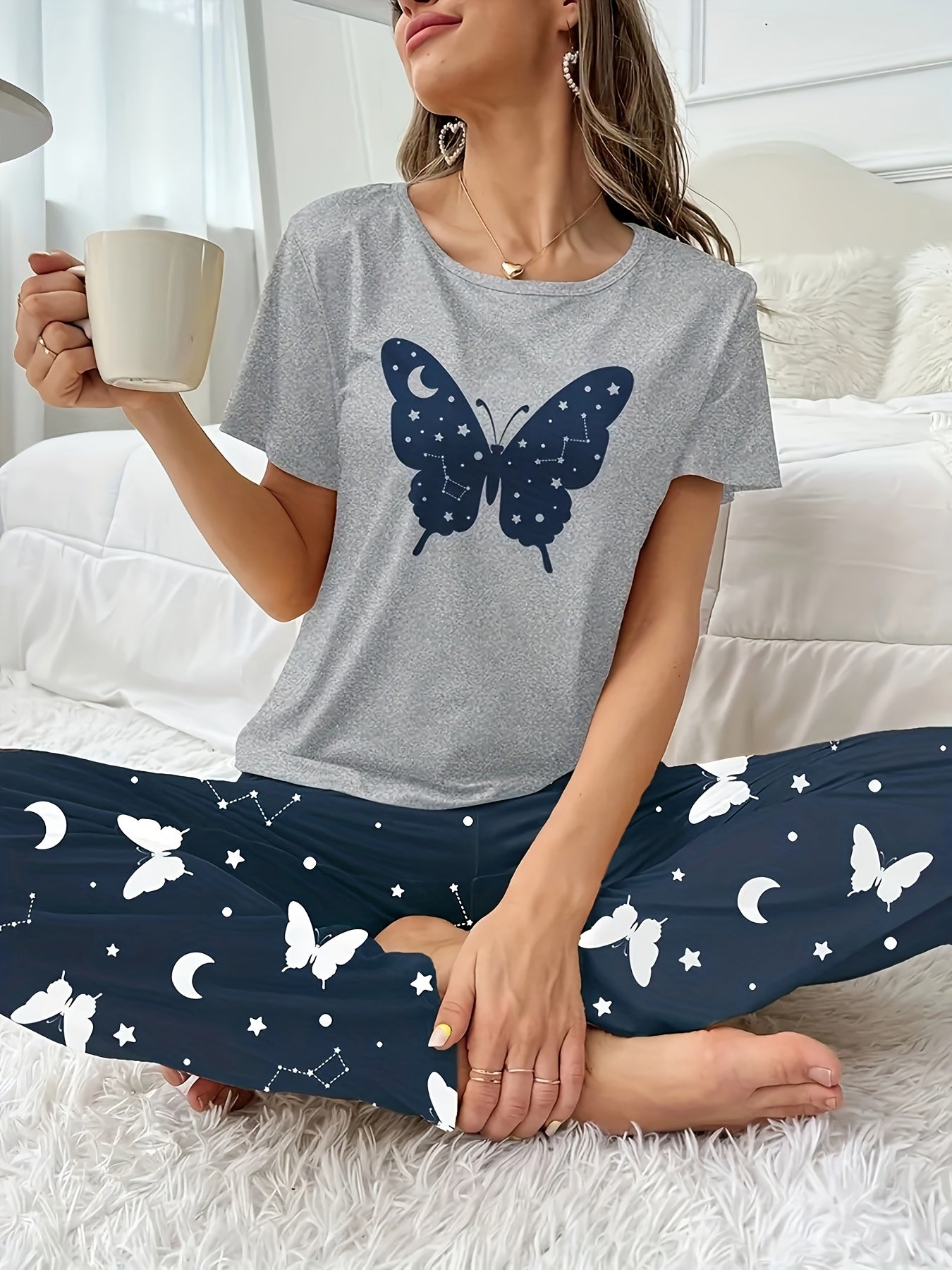 Women's Butterfly Print Pajama Set - Short Sleeve Top & Elastic Pants – view 8
