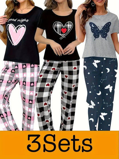 Women's Butterfly Print Pajama Set - Short Sleeve Top & Elastic Pants – Black option – view 2