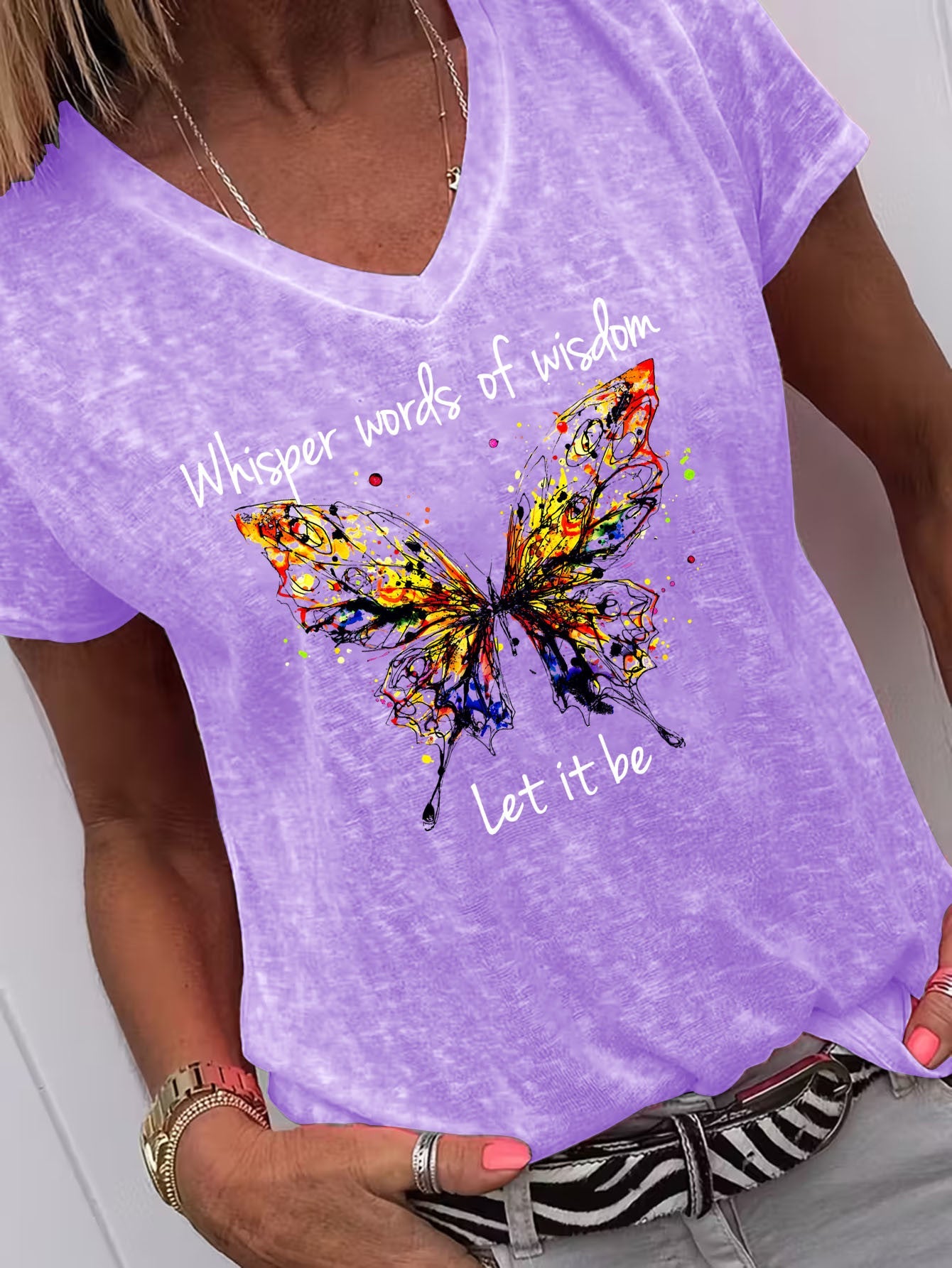 Women's Butterfly Print T-Shirt - V-Neck Short Sleeve – White option – view 3