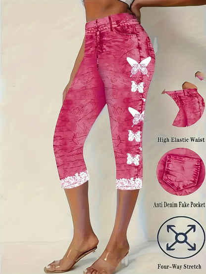 Women's Capri Leggings - Butterfly Print Slim Fit detail view
