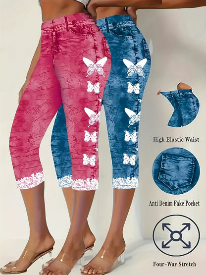 Women's Capri Leggings - Butterfly Print Slim Fit – Red option – main product image