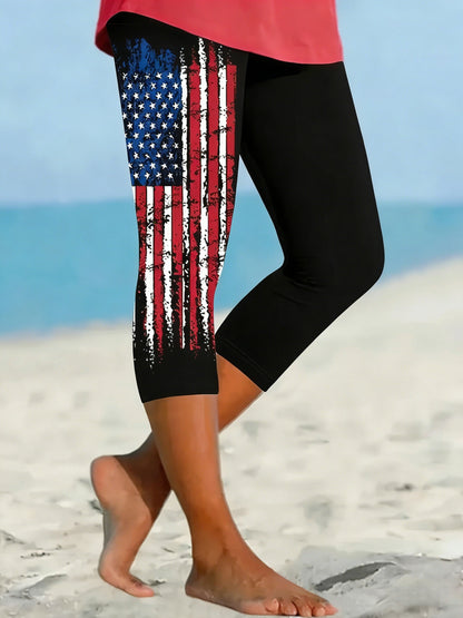 Women's Capri Leggings - Elastic Waist American Flag Print detail view