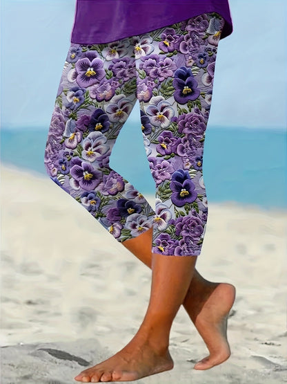 Women's Capri Leggings - Elastic Waist Floral Print detail view