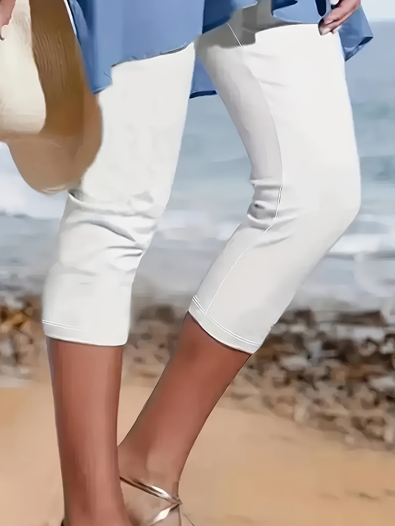 Women's Capri Leggings - Elastic Waist Slim Fit – White option – view 3