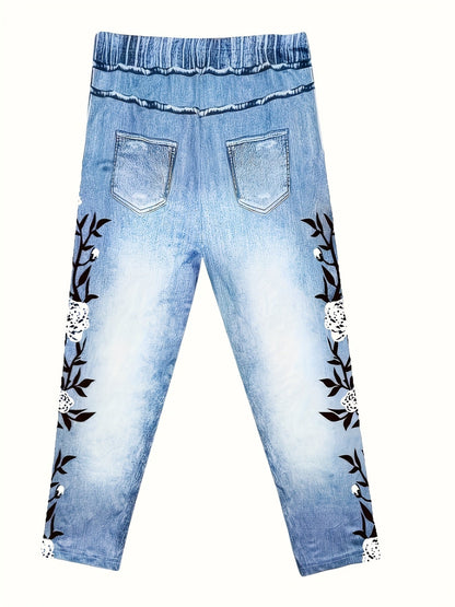 Women's Capri Leggings - Floral Print – Bright Steel Blue detail view