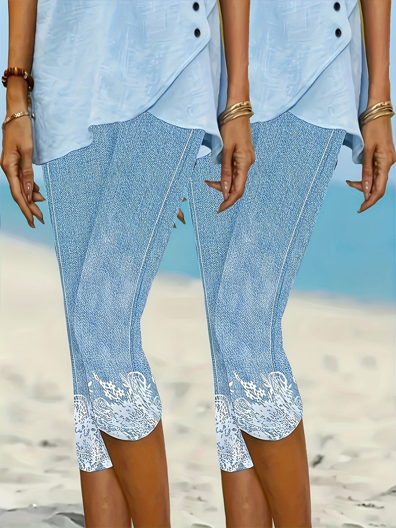 Women's Capri Leggings - Floral Print – Sky Blue detail view