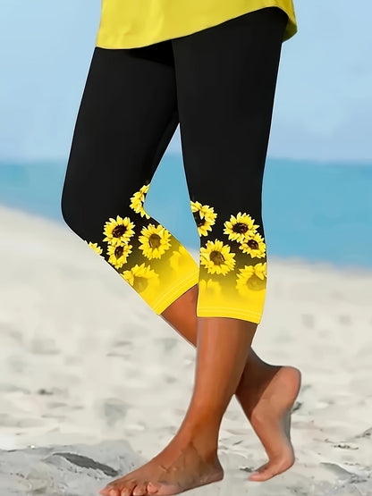 Women's Capri Leggings - Floral Print Slim Fit – Black option – main product image