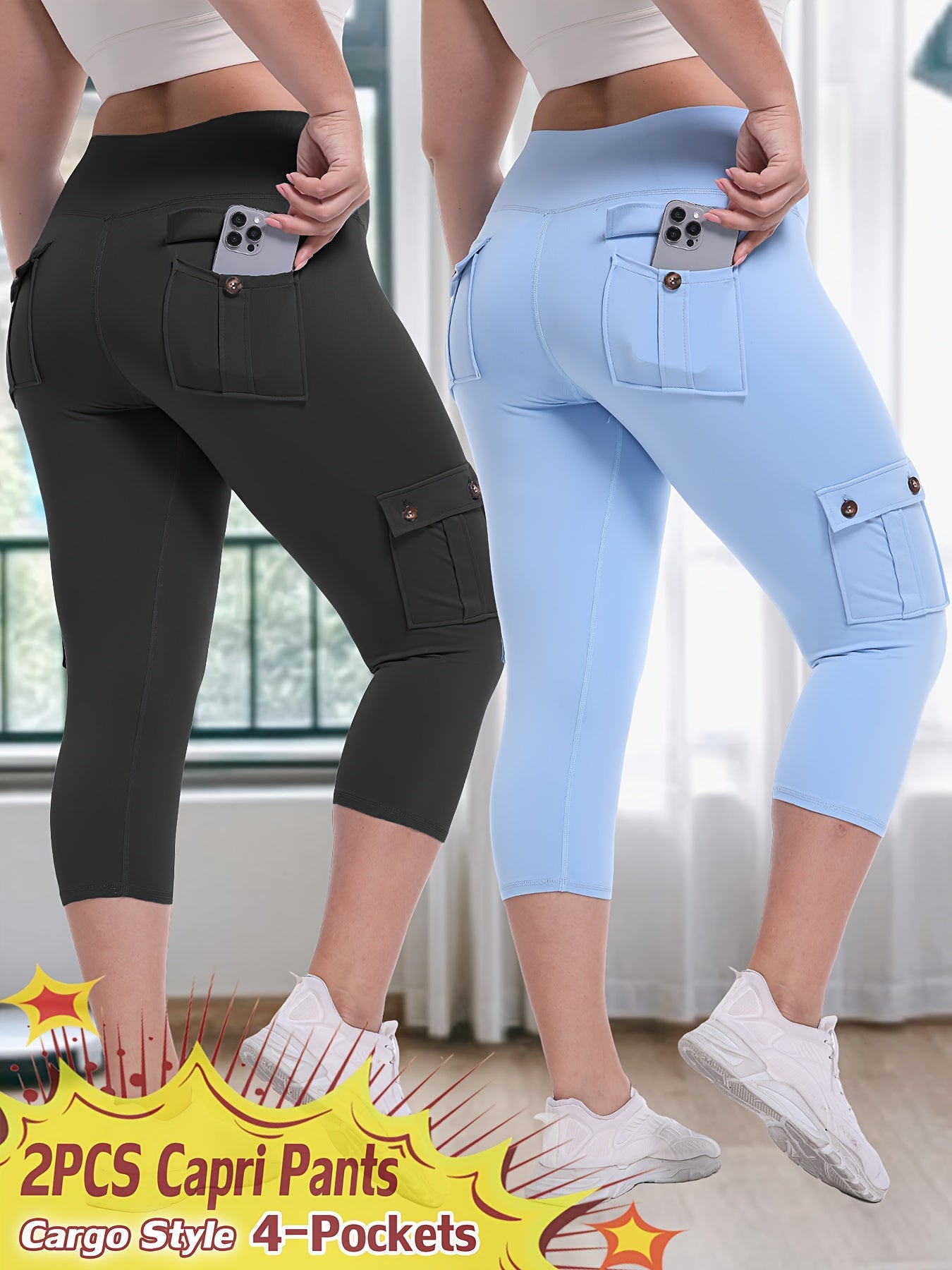 Women's Capri Leggings - High-Waist Fit – 9-Color Selection detail view