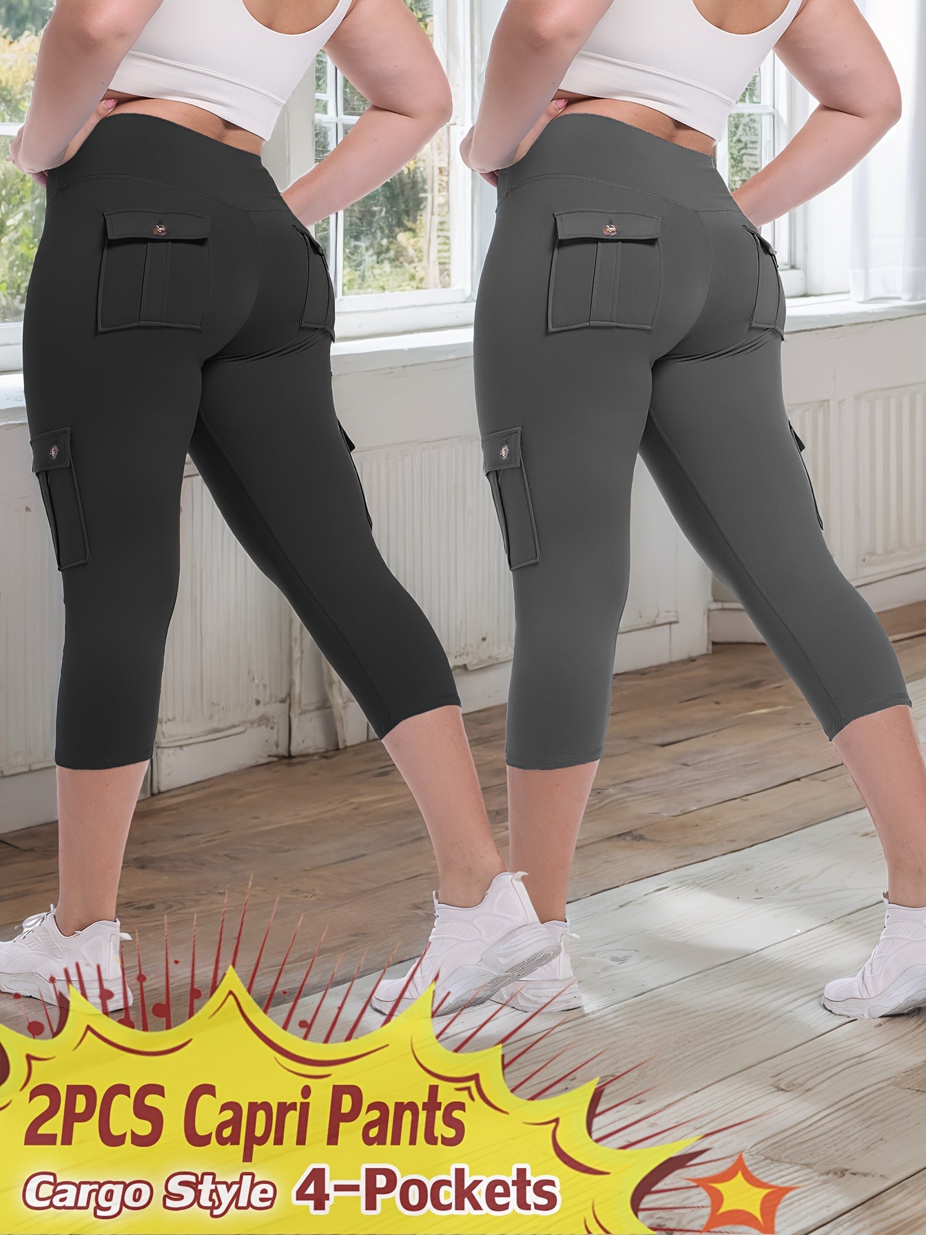 Women's Capri Leggings - High-Waist Fit – 9-Color Selection detail view