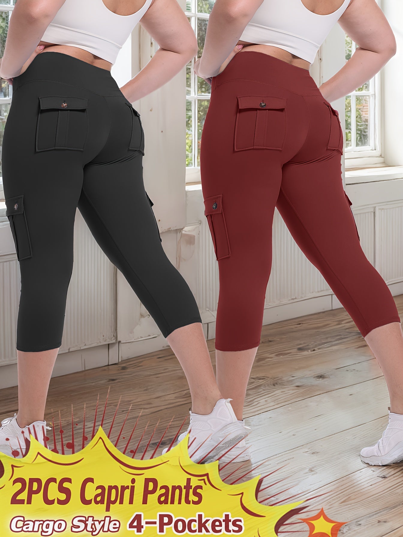 Women's Capri Leggings - High-Waist Fit – 9-Color Selection detail view