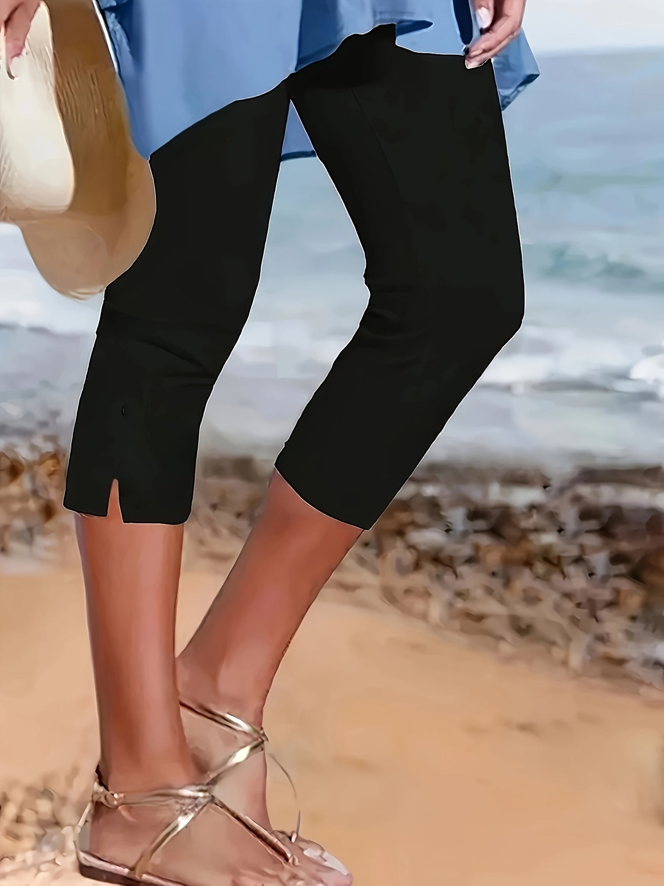 Women's Capri Leggings - High-Waist Fit – Black & Burgundy & Navy & Gray & Raspberry detail view