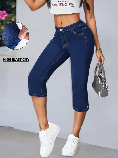 Women's Capri Leggings - High-Waist Fit – Medium Blue detail view