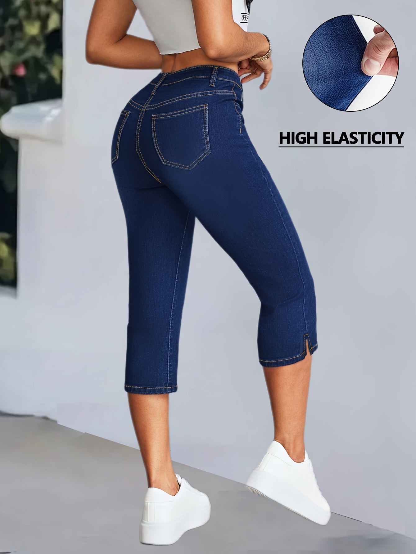 Women's Capri Leggings - High-Waist Fit – Medium Blue detail view
