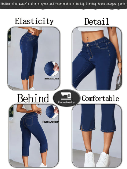 Women's Capri Leggings - High-Waist Fit – Medium Blue detail view