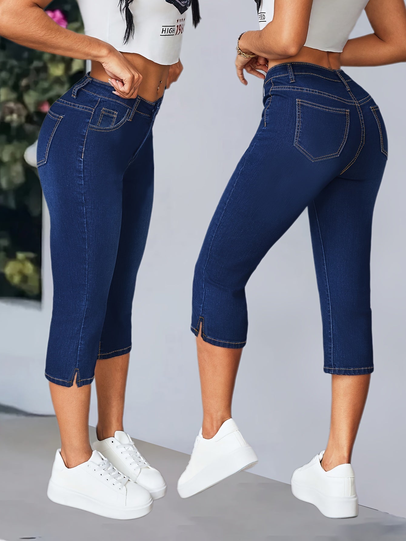 Women's Capri Leggings - High-Waist Fit – Medium Blue detail view