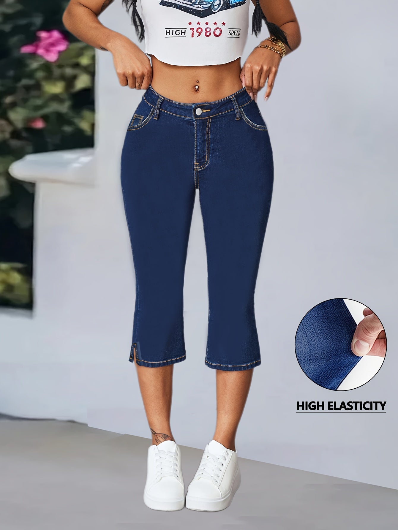 Women's Capri Leggings - High-Waist Fit – Medium Blue detail view