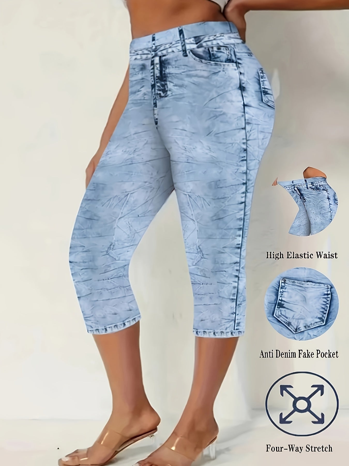 Women's Capri Leggings - Stretch Comfort – Bright Steel Blue detail view