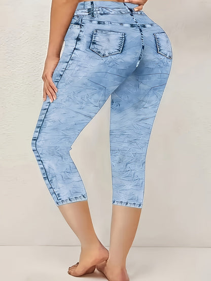 Women's Capri Leggings - Stretch Comfort – Bright Steel Blue detail view