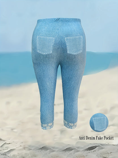 Women's Capri Leggings - Stretch Comfort – Peacock Blue detail view
