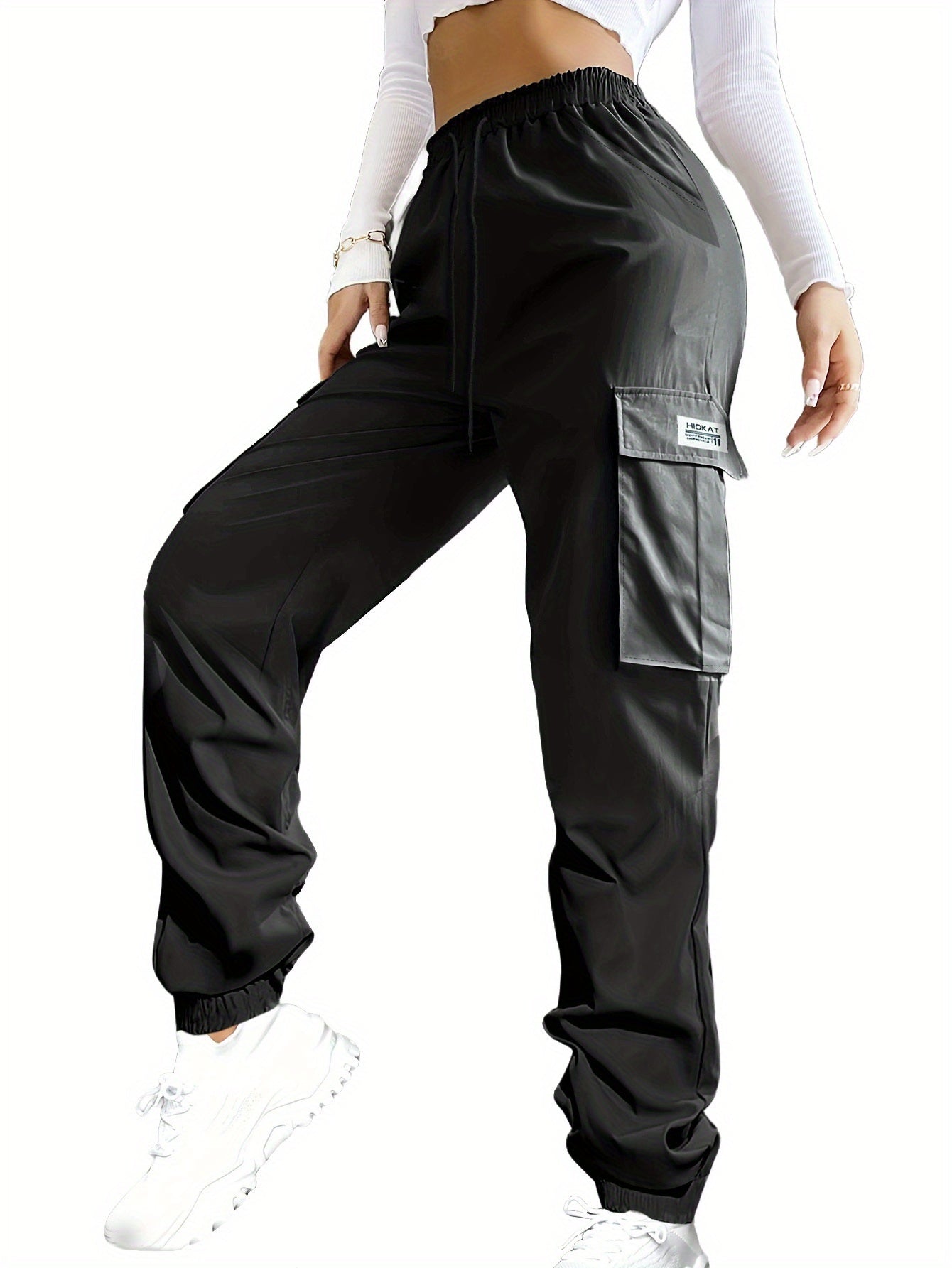 Women's Cargo Pants - Drawstring Waist With Pockets 77 – Black option – view 4