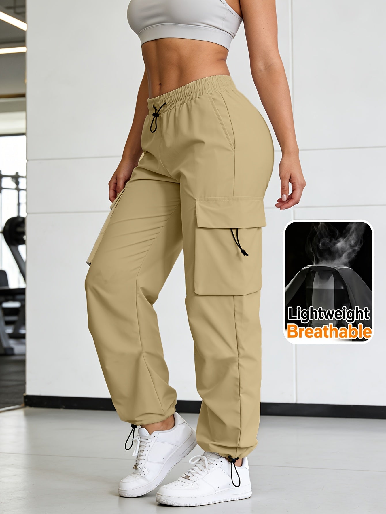 Women's Cargo Pants - Elastic Waist Wide leg – Beige option – view 3
