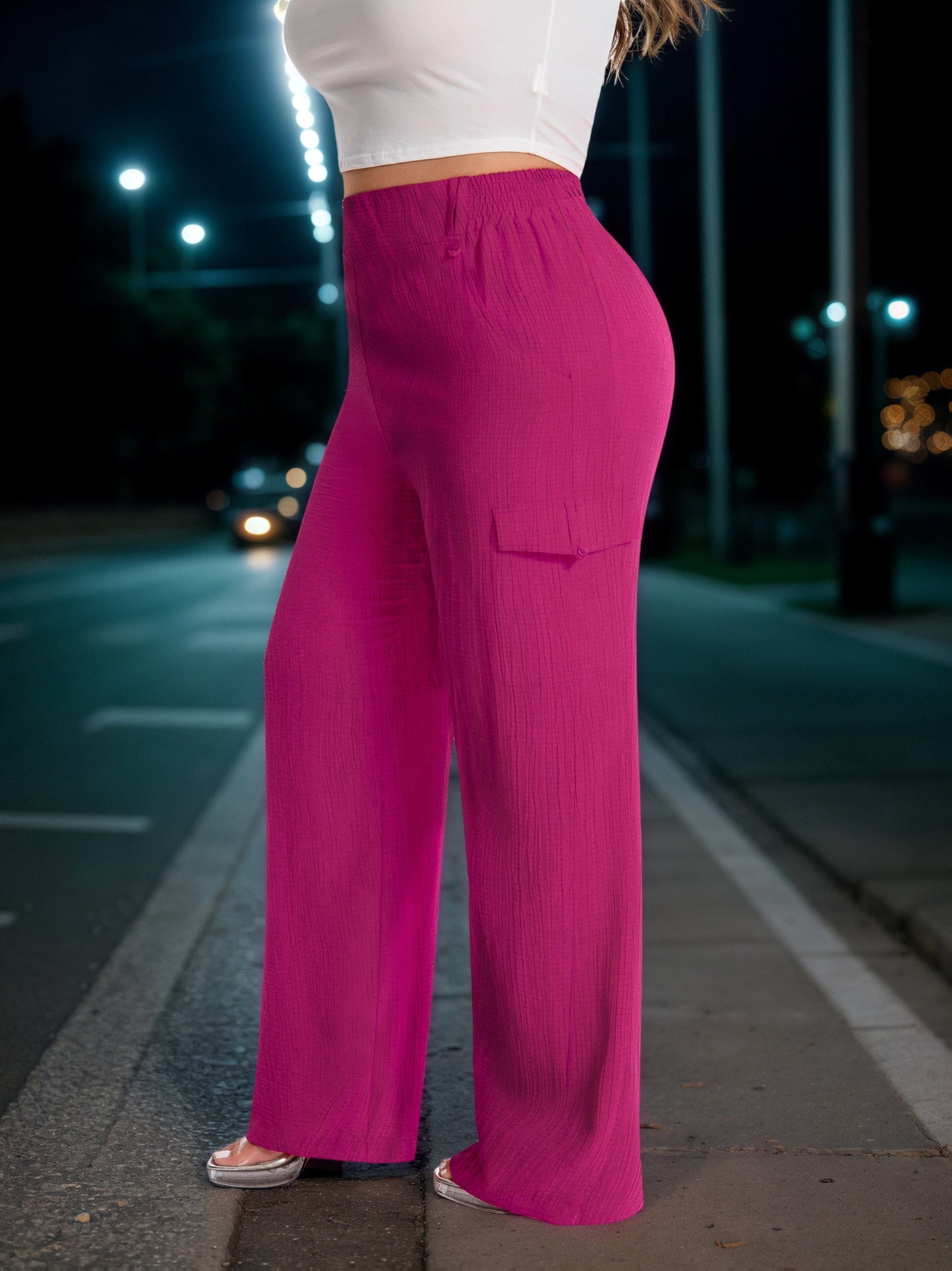 Women's Cargo Pants - High Waist Wide leg detail view