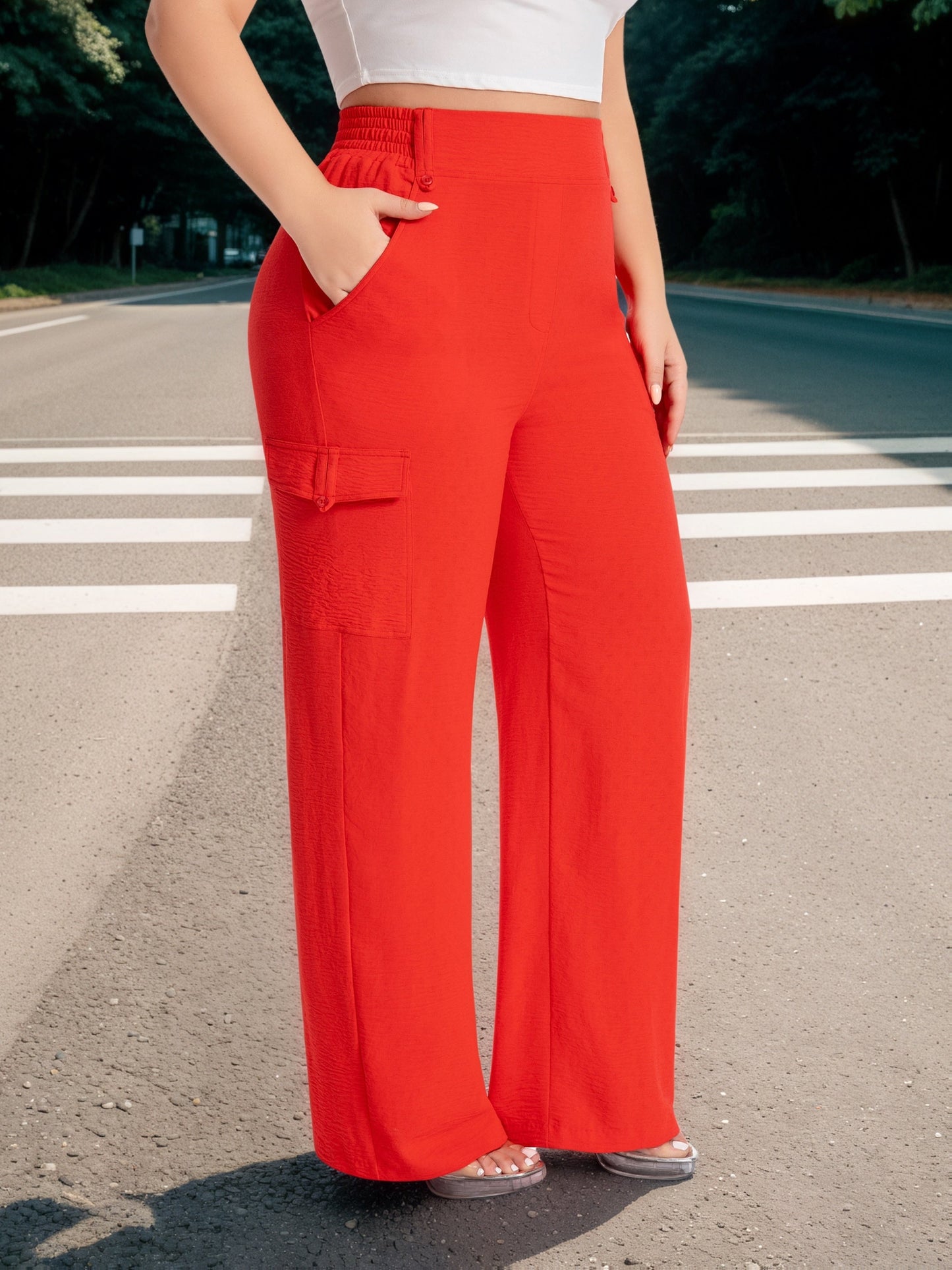 Women's Cargo Pants - High Waist Wide leg detail view