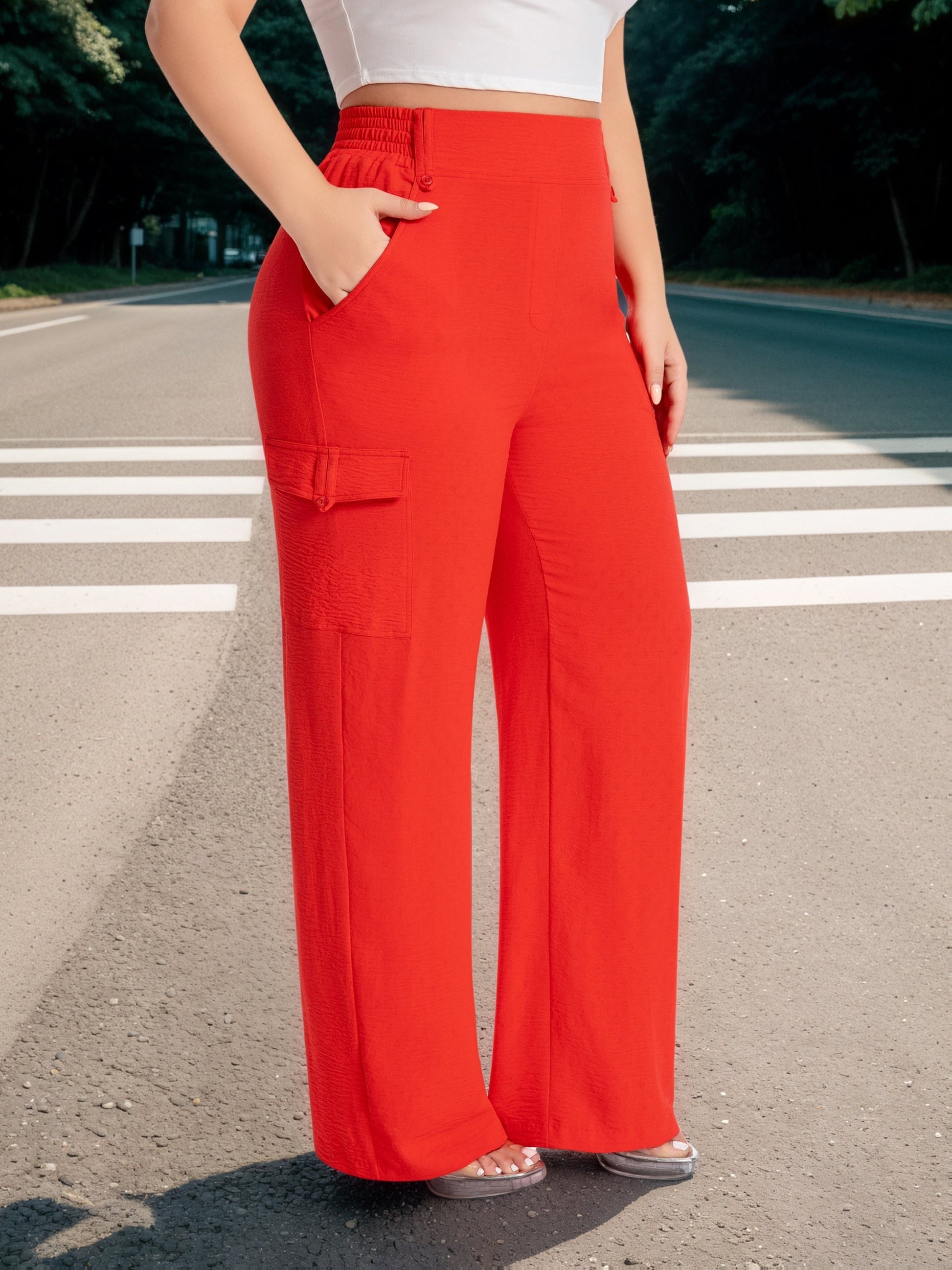 Women's Cargo Pants - High Waist Wide leg detail view