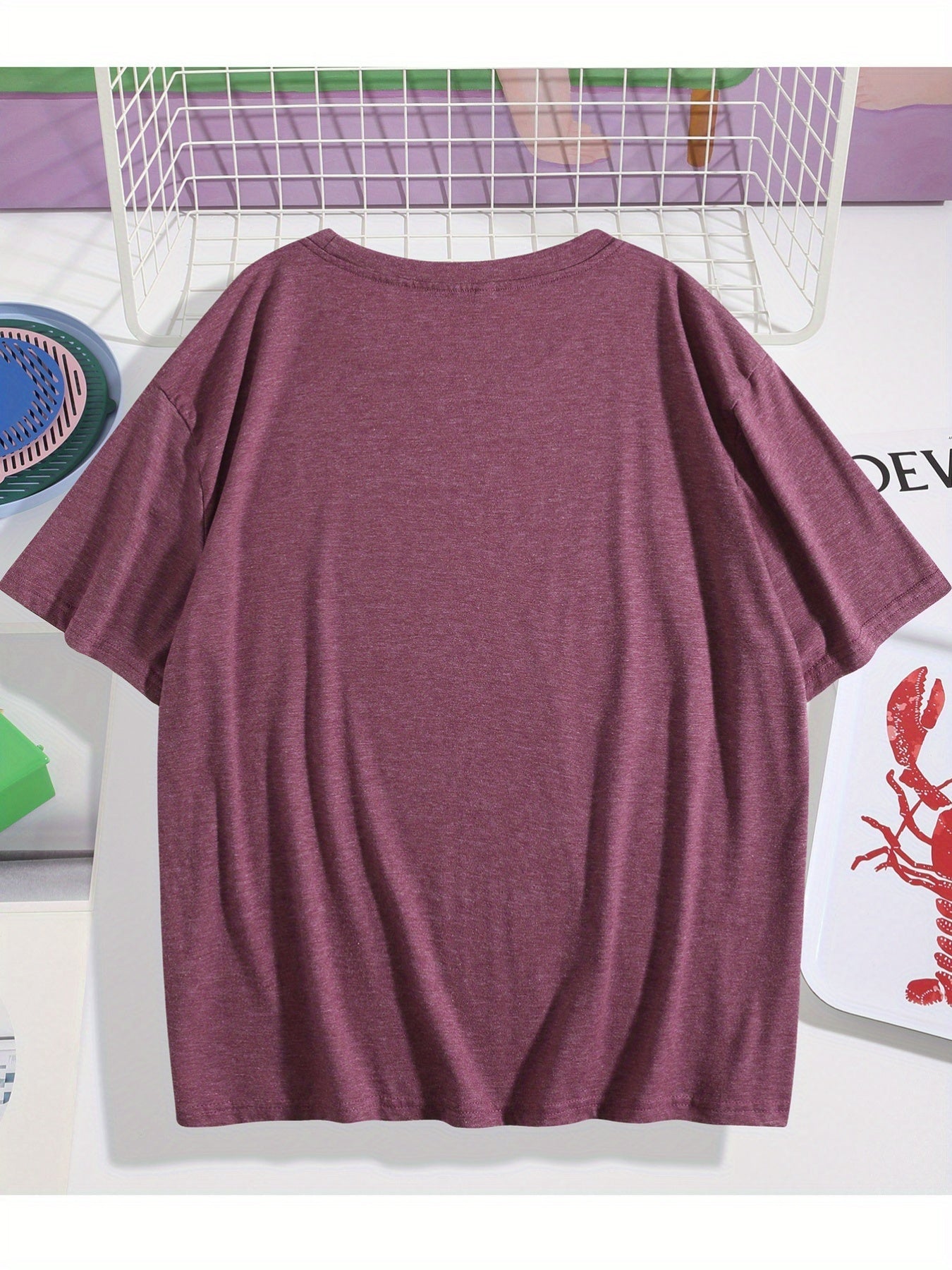 Women's Cartoon Print T-Shirt - Rose Red Crew Neck detail view