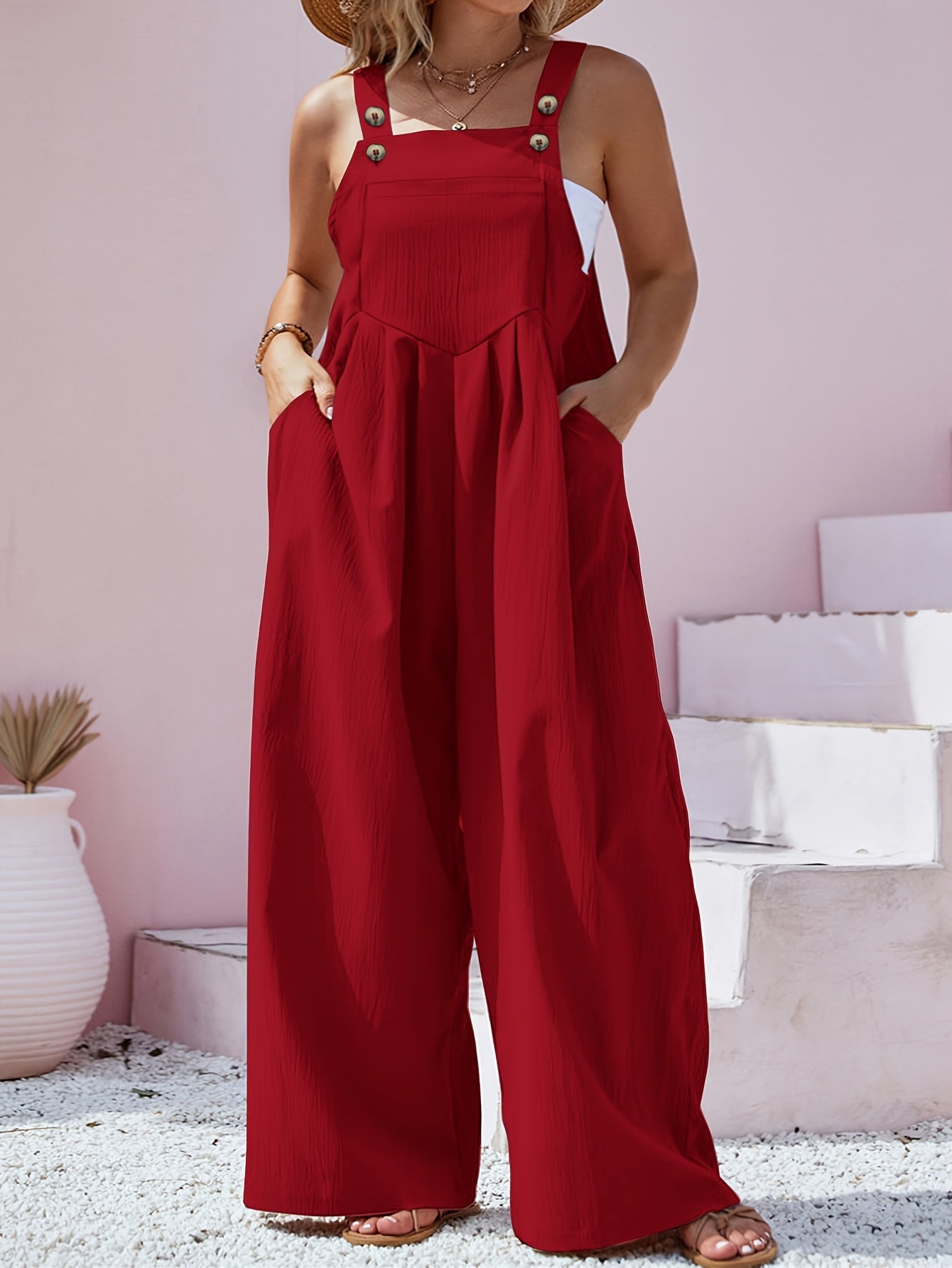 Women's Casual Jumpsuit - Button Detail Oversized – Red option – main product image