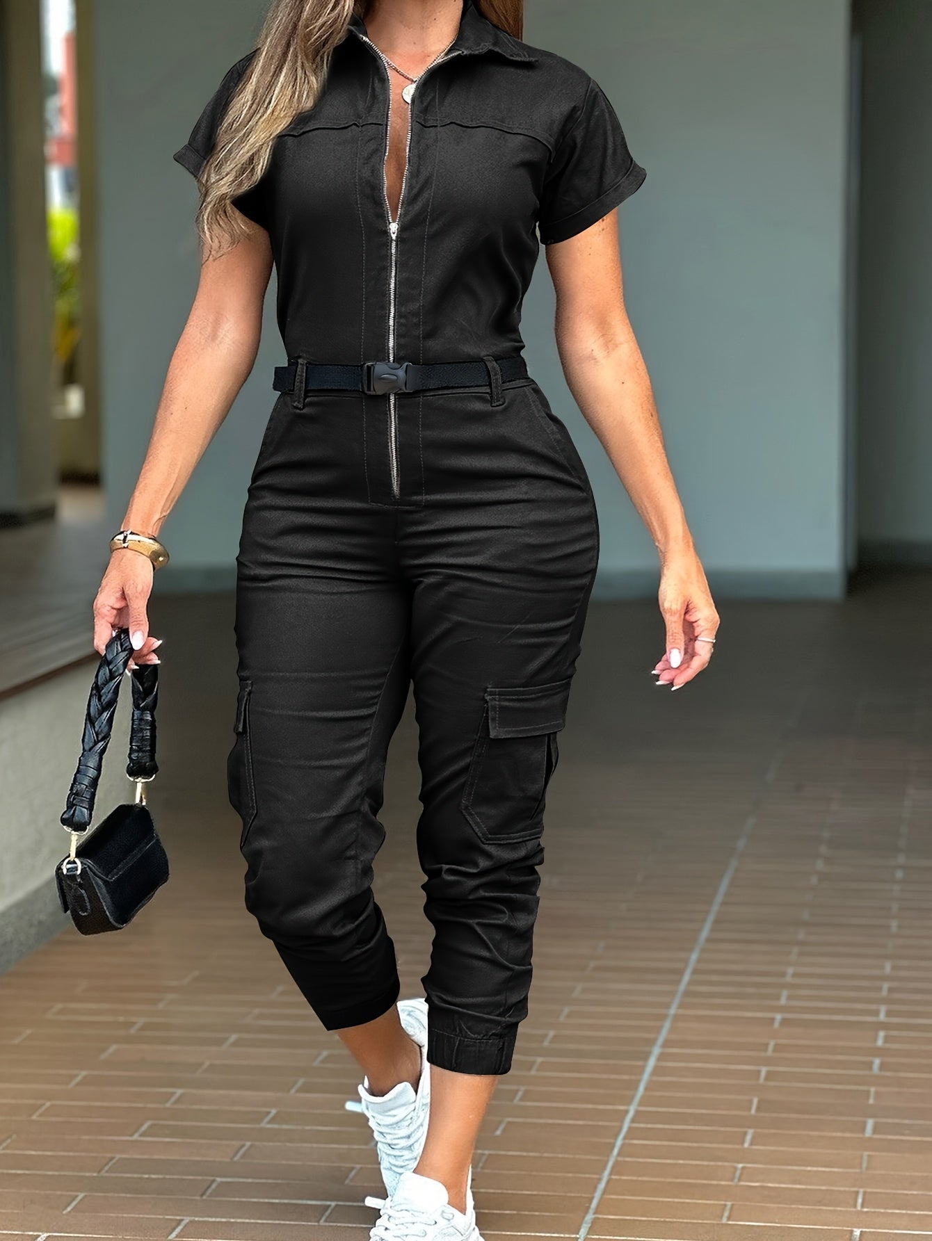 Women's Casual Jumpsuit - Easy One-Piece Silhouette – Black Colorway 09189 detail view