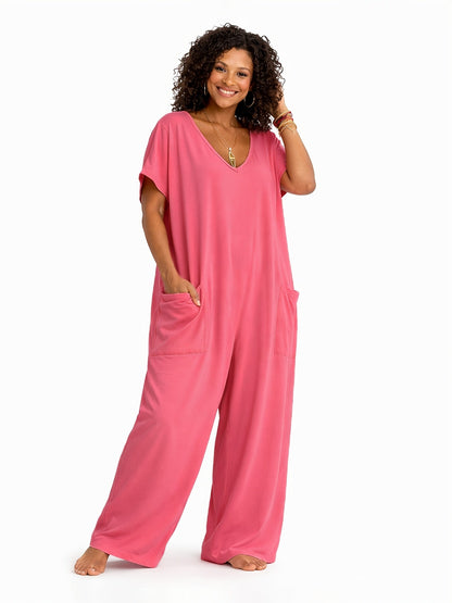 Women's Casual Jumpsuit - Easy One-Piece Silhouette – Rose Red / Coral detail view