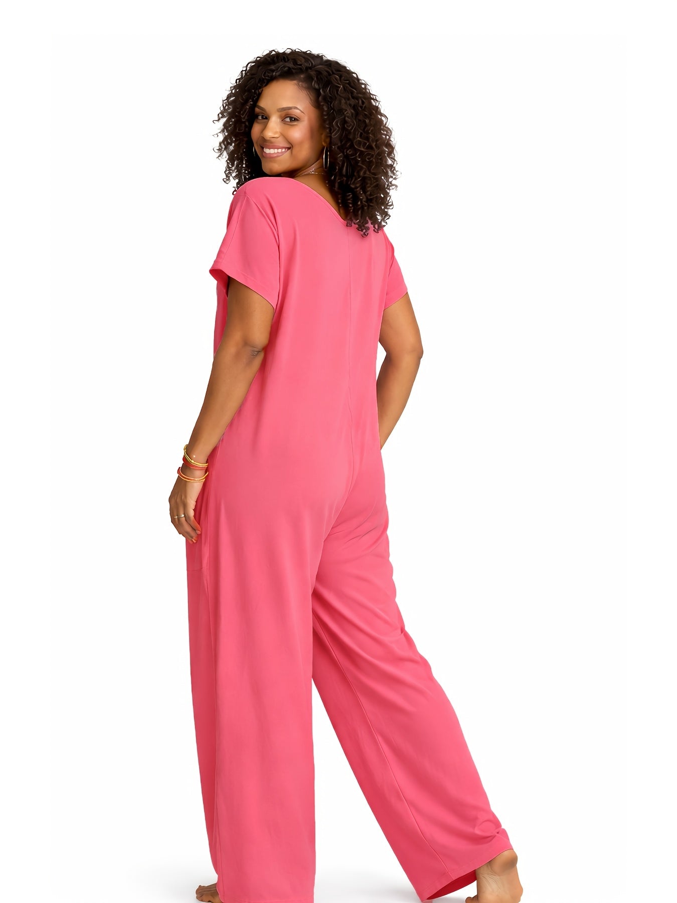 Women's Casual Jumpsuit - Easy One-Piece Silhouette – Rose Red / Coral detail view