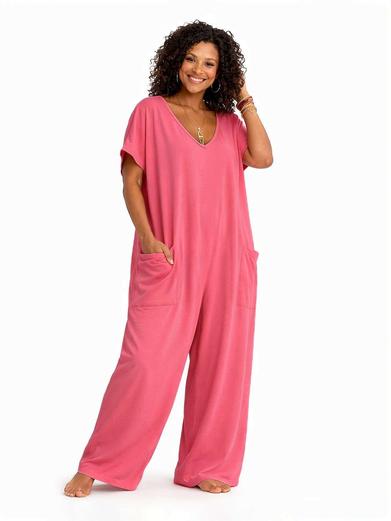 Women's Casual Jumpsuit - Easy One-Piece Silhouette – Rose Red / Coral detail view
