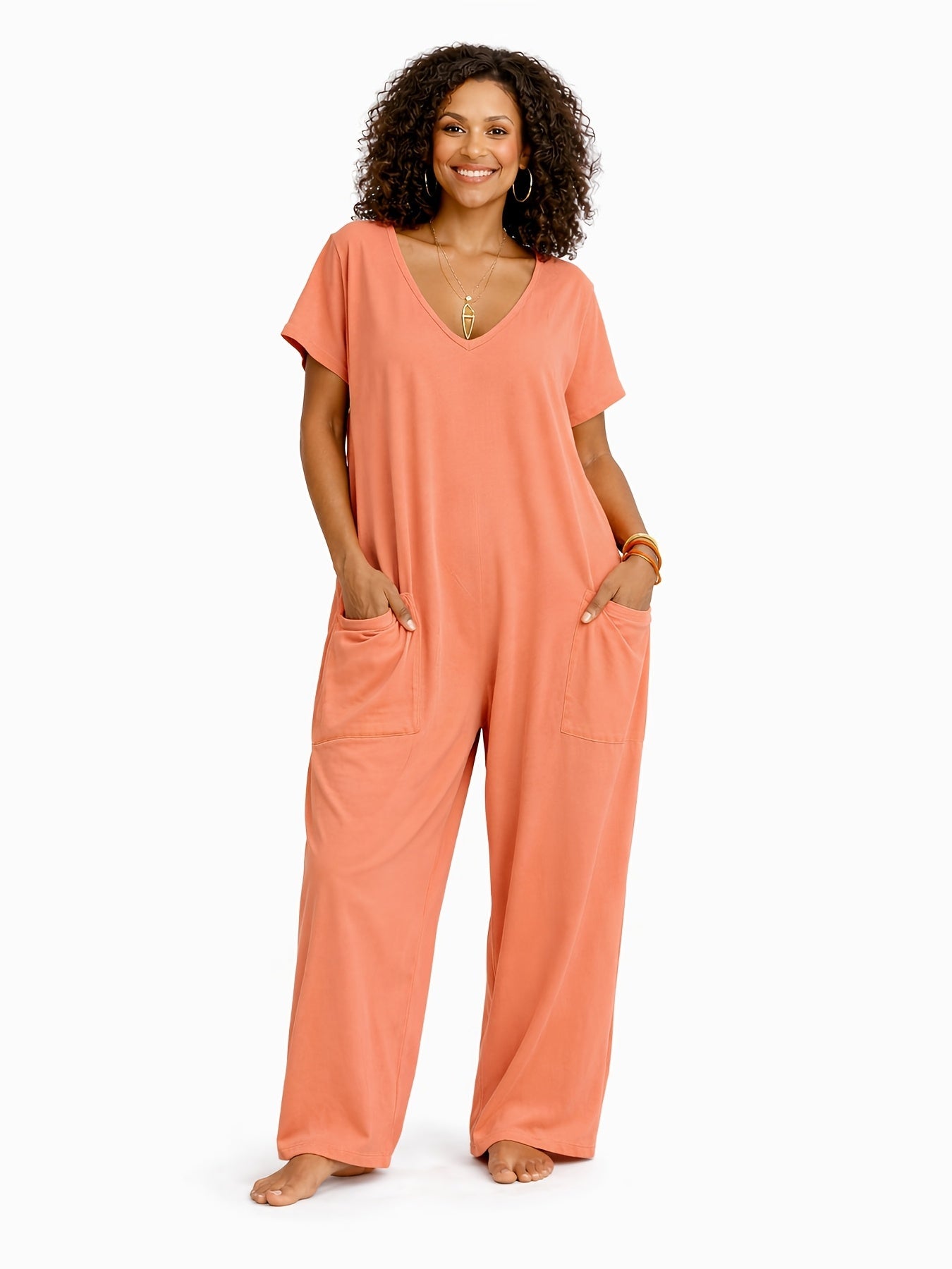 Women's Casual Jumpsuit - Easy One-Piece Silhouette – Rose Red / Coral detail view