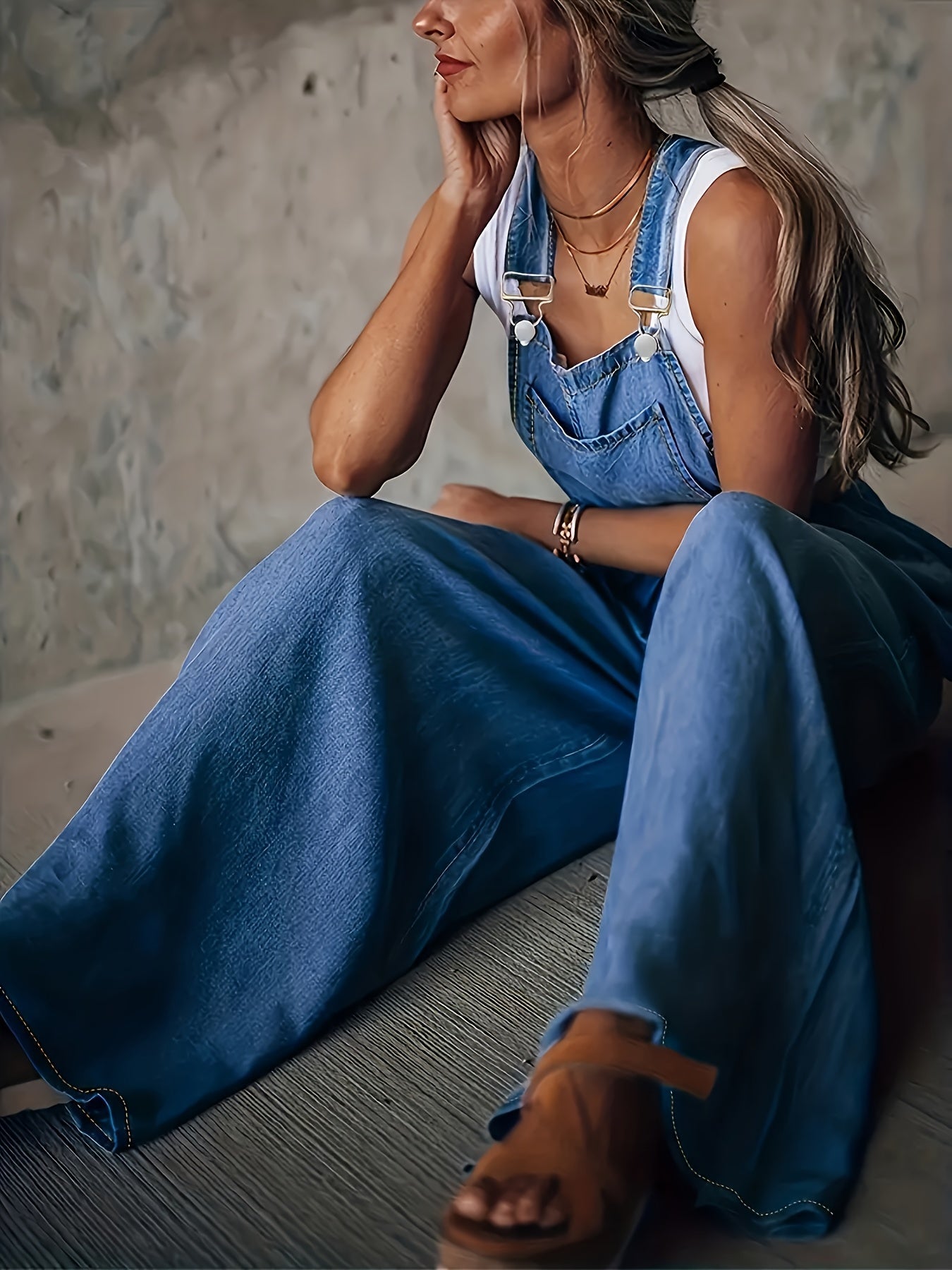 Women's Casual Jumpsuit - Relaxed Denim Pocket Design – Navy Color detail view