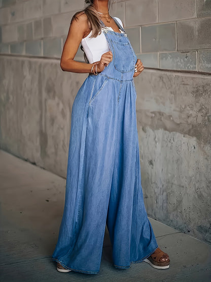 Women's Casual Jumpsuit - Relaxed Denim Pocket Design – Navy Color detail view
