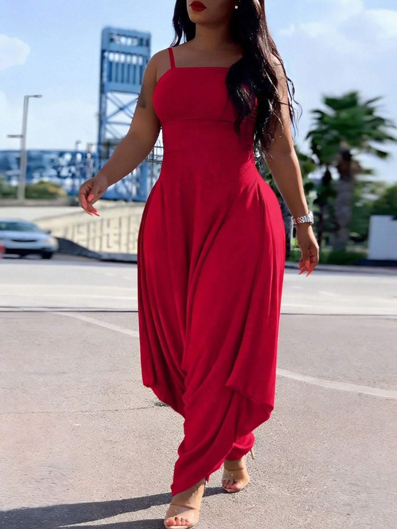 Women's Casual Jumpsuit - Square Neck Full Length detail view