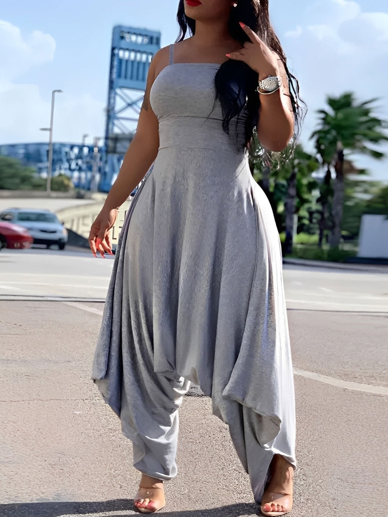 Women's Casual Jumpsuit - Square Neck Full Length – Grey option – main product image