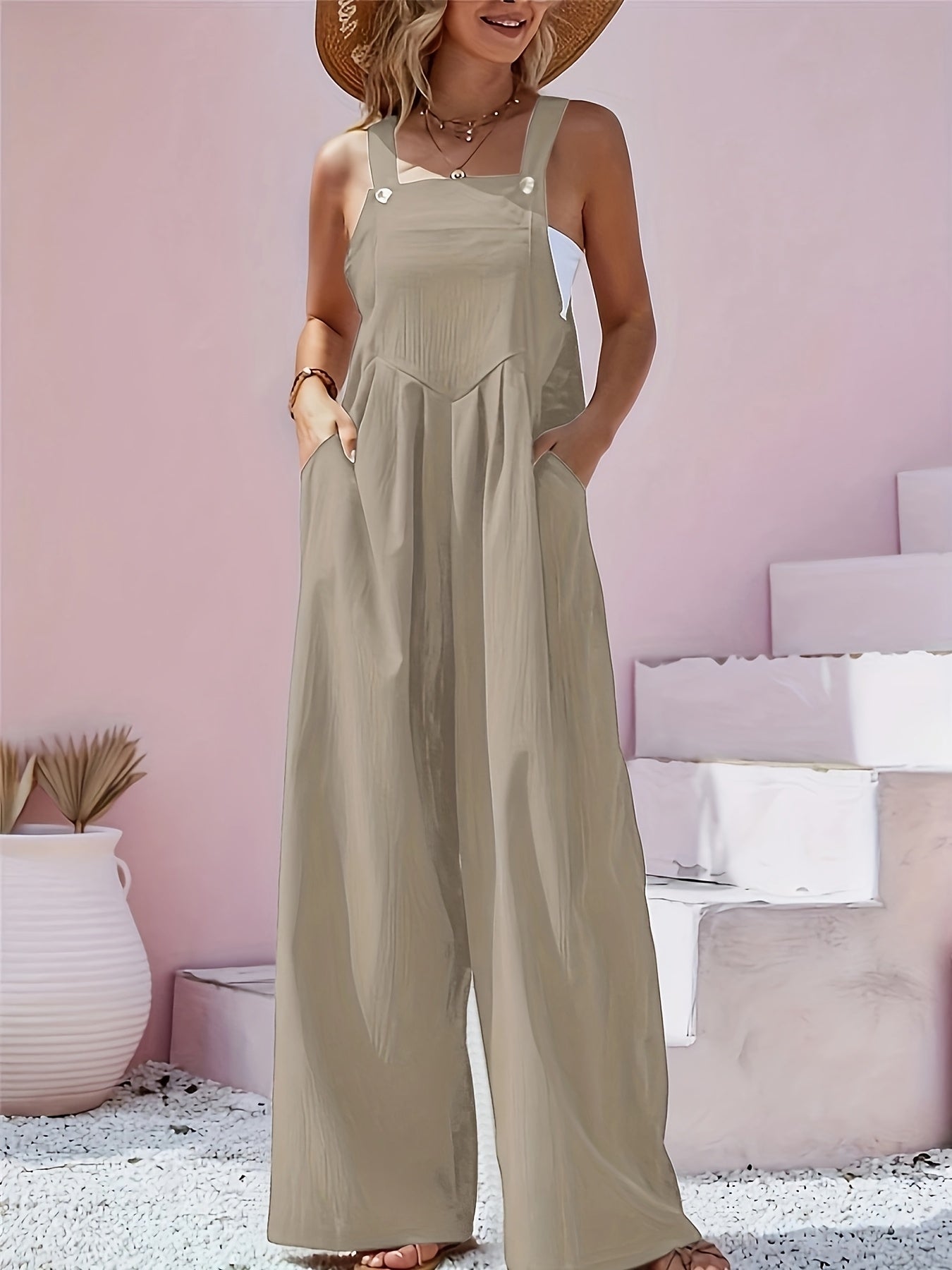 Women's Casual Jumpsuit - Square Neck Wide Leg detail view