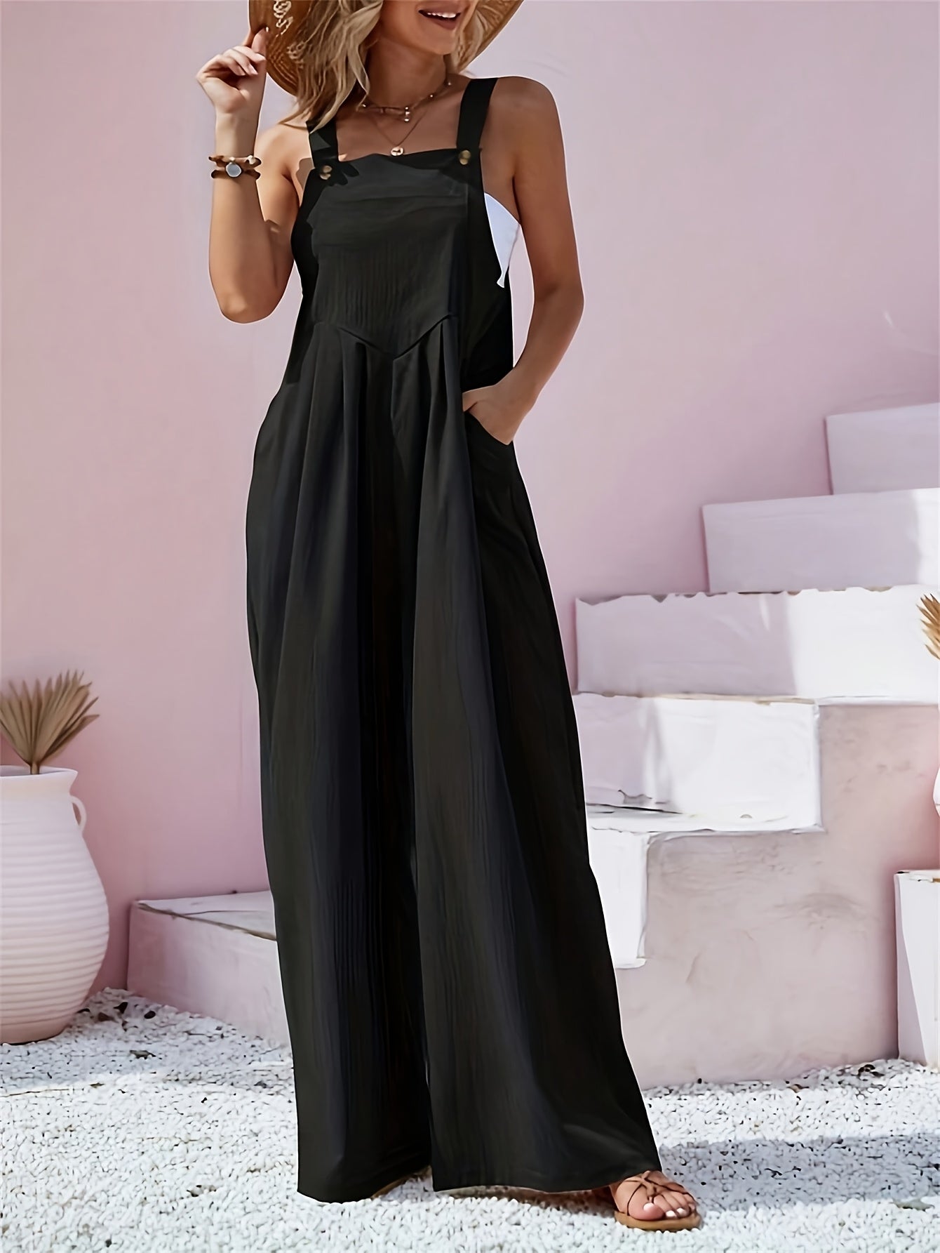 Women's Casual Jumpsuit - Square Neck Wide Leg detail view
